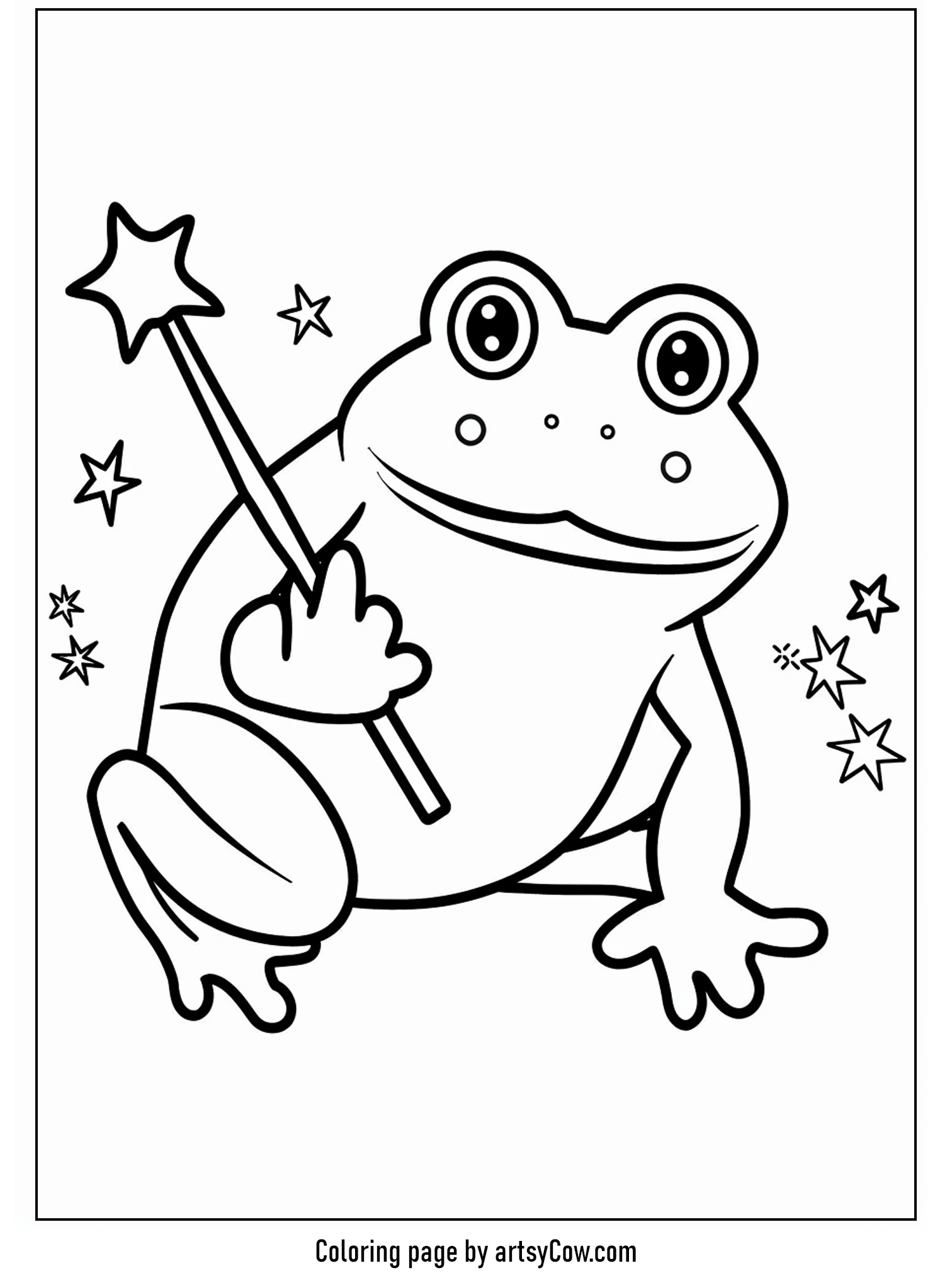 a frog smiling with a magic wand and twinkling stars surrounding it